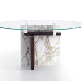 Tangram – скляний стіл з мармуровою основою.